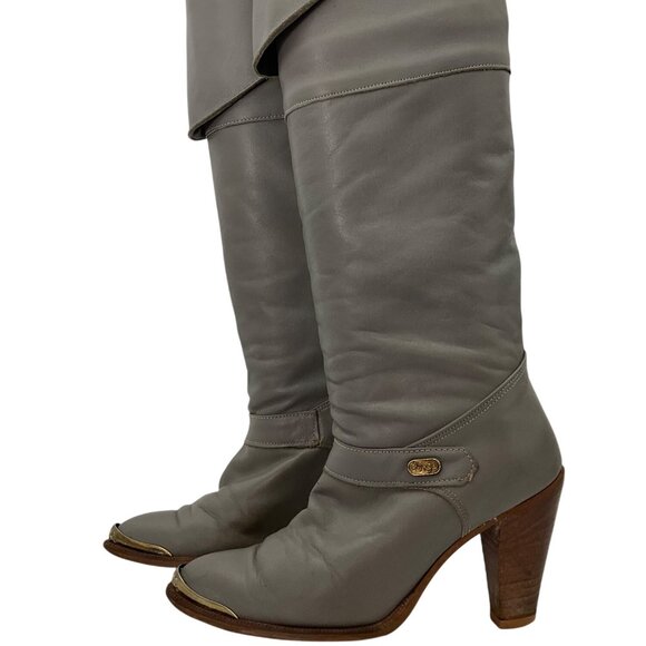 VTG Dingo 5.5 Gray Leather Knee Boots Fold-Over Slouchy Western Boho Metal Toe - Picture 2 of 13